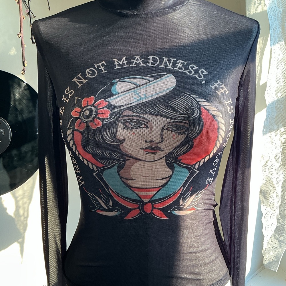 Sheer Long-Sleeve Graphic Top in black with Sailor Girl Print size: xs - Picture 2 of 4